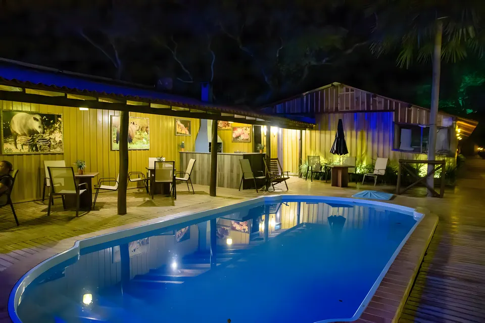 The lodge swimming pool at night